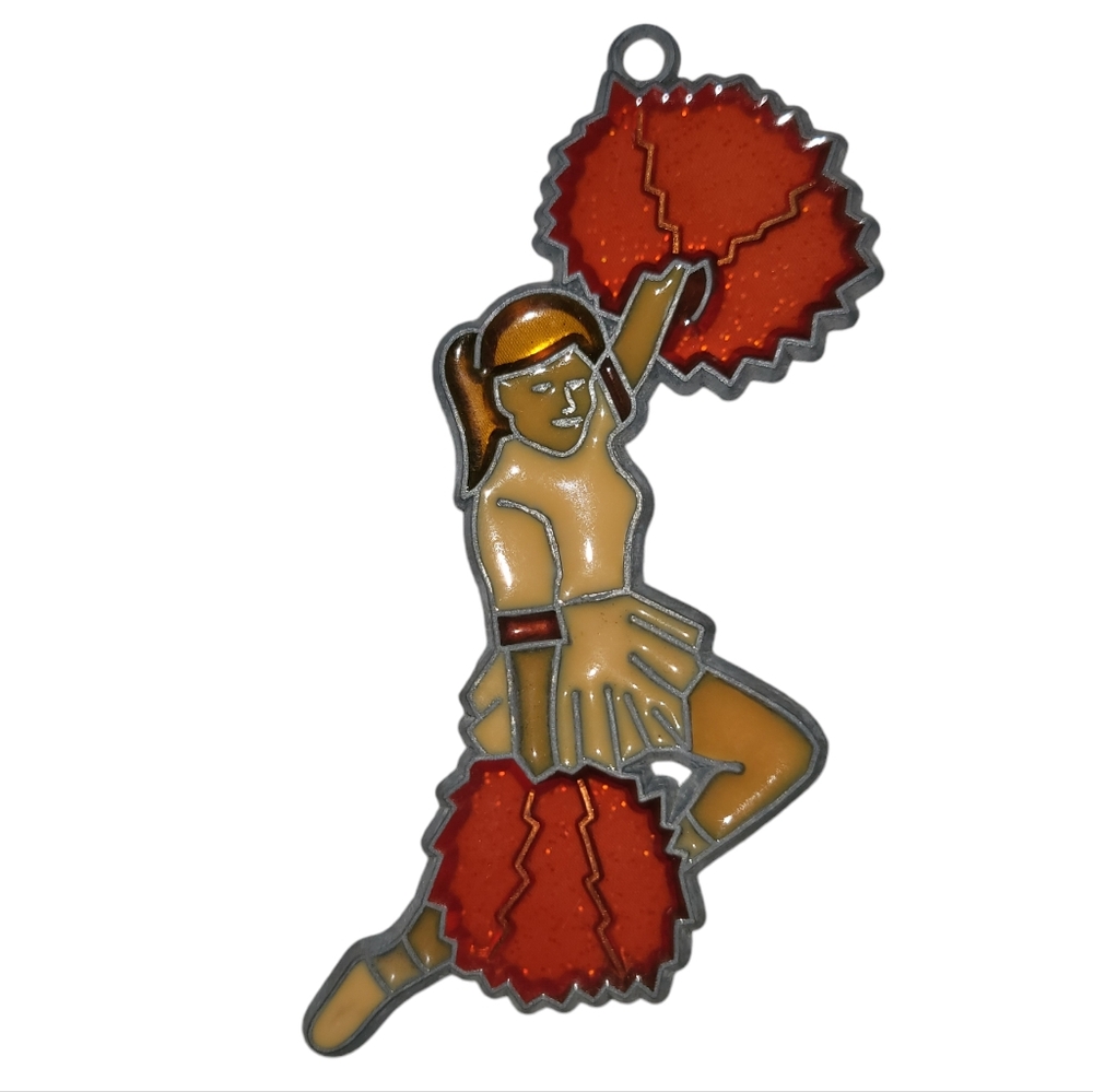 Vintage Handmade Stained Glass Cheerleader Orange Pompoms Suncatcher Ornament